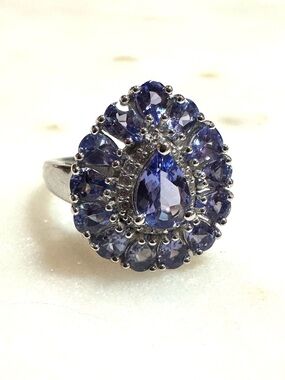 Blue Tanzanite With White Zircon Rhodium Over Sterling Silver Halo Ring 2.65ctw